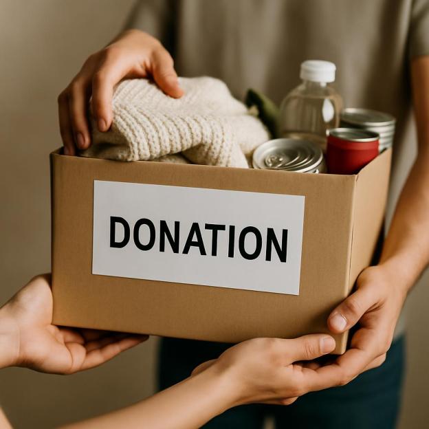 a box of donation items held by two people.