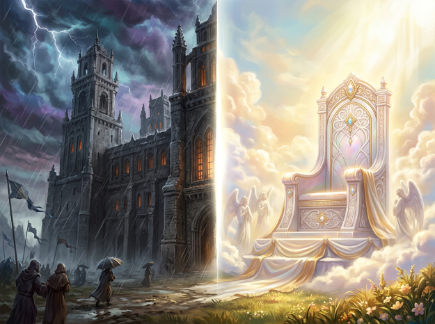Dark rain-soaked castle and bright ornate throne with angels