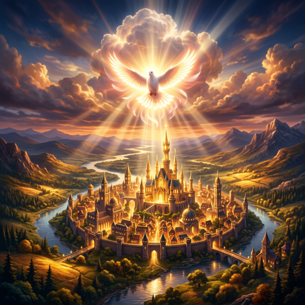 A glowing white dove hovering above a luminous medieval castle encircled by rivers and mountains.